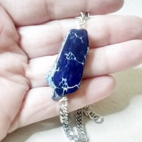 Dark Blue Sea Sediment Jasper Slab + Chunky Chain Bracelet ~ Adjust. 7-8" Wrist - Picture 5 of 8